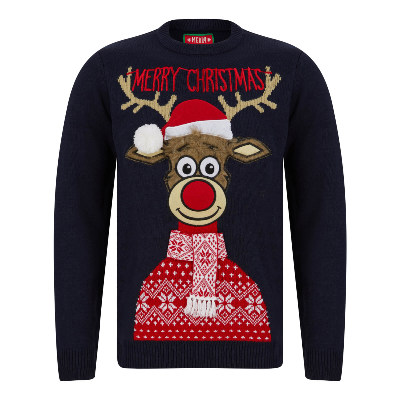 Mr Crimbo Mens Classic Rudolph Faux Fur Christmas Jumper - MrCrimbo.co.uk -SRG1A17389_A - Ink -Blue